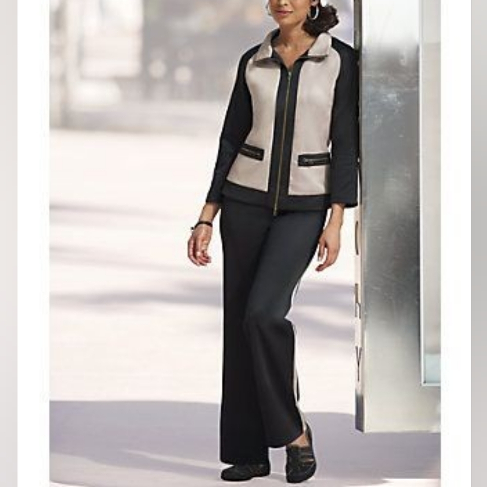 Monroe & Maine Women's Cream/Blk Colorblock Zip Up Tracksuit Athleisure Sz Large - Picture 4 of 12